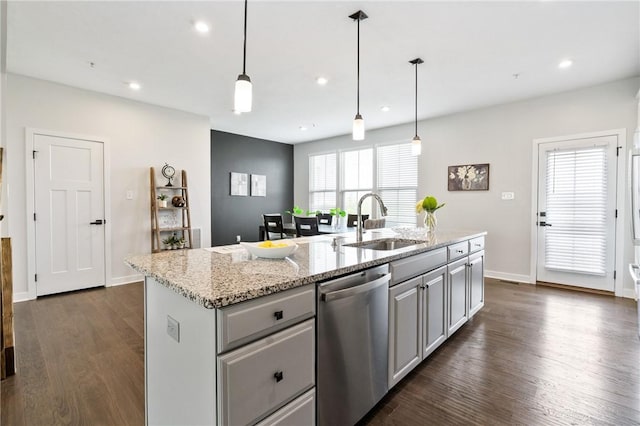 150 Moyer Hill Dr, Cranberry Twp, PA 16066 - kitchen featuring stainless steel dishwasher, a sink, dark wood-style flooring, gray cabinets, and an island with sink