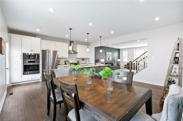 150 Moyer Hill Dr, Cranberry Twp, PA 16066 - dining space featuring dark wood-type flooring, baseboards, recessed lighting, and stairs