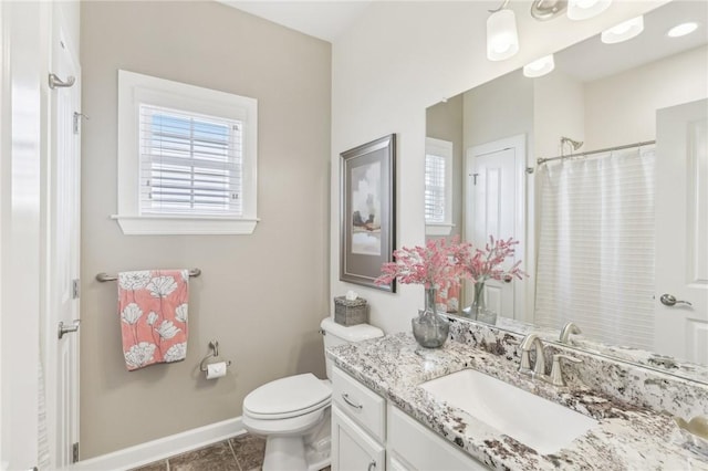 219 Brookside Dr, Cranberry Twp, PA 16066 - bathroom with vanity, baseboards, toilet, tile patterned flooring, and curtained shower