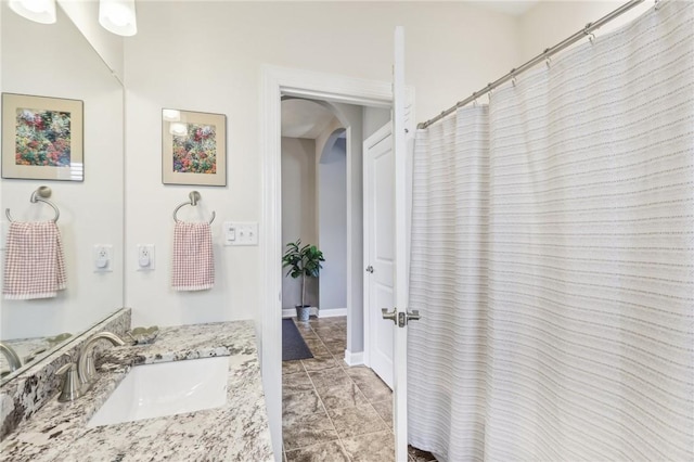 219 Brookside Dr, Cranberry Twp, PA 16066 - bathroom featuring vanity, baseboards, tile patterned flooring, and a shower with shower curtain