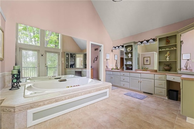 504 Timber Ln, Jefferson Hills, PA 15025 - full bathroom featuring vanity, a garden tub, high vaulted ceiling, and tile patterned floors