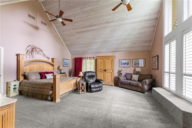 504 Timber Ln, Jefferson Hills, PA 15025 - carpeted bedroom with high vaulted ceiling, wooden ceiling, and ceiling fan