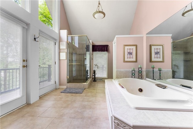 504 Timber Ln, Jefferson Hills, PA 15025 - full bathroom featuring a stall shower, a whirlpool tub, plenty of natural light, tile patterned floors, and high vaulted ceiling