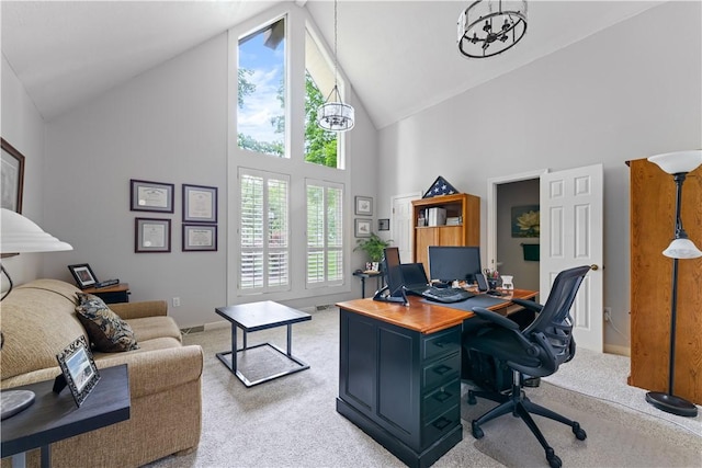 504 Timber Ln, Jefferson Hills, PA 15025 - office area with high vaulted ceiling, light carpet, and baseboards
