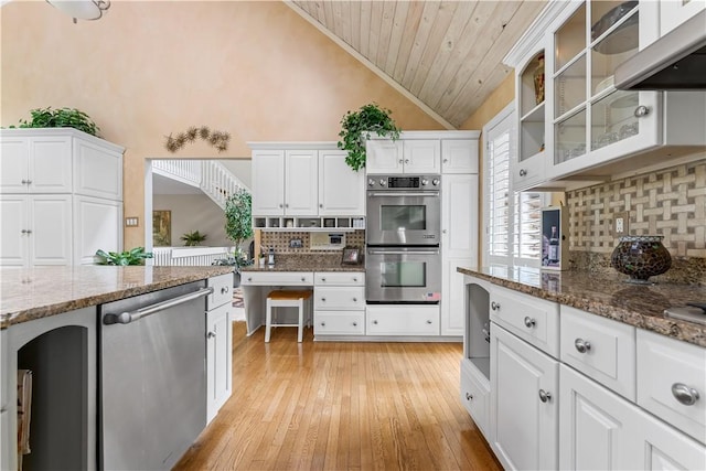 504 Timber Ln, Jefferson Hills, PA 15025 - kitchen featuring appliances with stainless steel finishes, lofted ceiling, tasteful backsplash, wooden ceiling, and light wood-type flooring