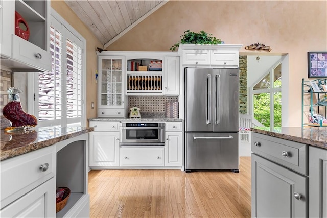 504 Timber Ln, Jefferson Hills, PA 15025 - kitchen featuring stainless steel appliances, vaulted ceiling, open shelves, wooden ceiling, and white cabinets