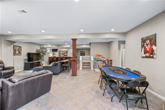 110 Marcur Ln, Center Twp Bea, PA 15061 - living area featuring recessed lighting, baseboards, ornate columns, and bar area