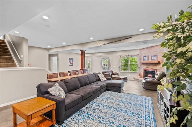 110 Marcur Ln, Center Twp Bea, PA 15061 - living room featuring recessed lighting, baseboards, stairway, a fireplace, and decorative columns