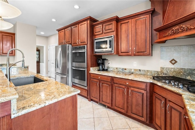 110 Marcur Ln, Center Twp Bea, PA 15061 - kitchen featuring appliances with stainless steel finishes, a sink, light tile patterned flooring, recessed lighting, and light stone countertops