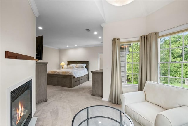 110 Marcur Ln, Center Twp Bea, PA 15061 - bedroom featuring light colored carpet, a glass covered fireplace, crown molding, recessed lighting, and baseboards