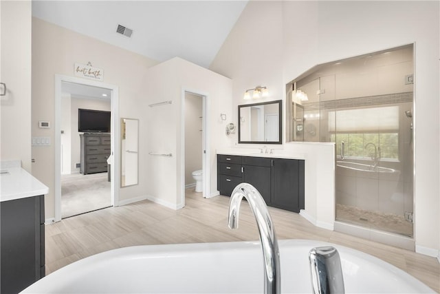 110 Marcur Ln, Center Twp Bea, PA 15061 - full bathroom featuring vanity, a tub to relax in, a stall shower, toilet, and high vaulted ceiling