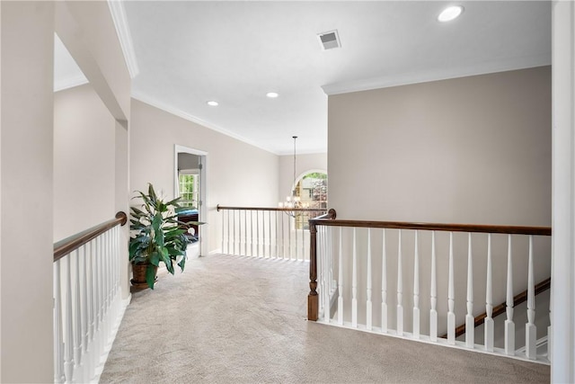 110 Marcur Ln, Center Twp Bea, PA 15061 - hall featuring ornamental molding, carpet floors, recessed lighting, an upstairs landing, and a chandelier