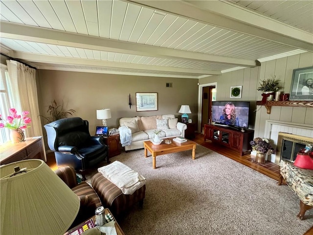 411 Harrison W, Kittanning Boro, PA 16201 - carpeted living room featuring wooden ceiling with exposed beams and a brick fireplace