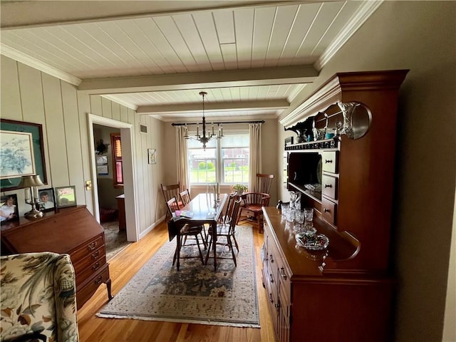 411 Harrison W, Kittanning Boro, PA 16201 - dining space with light wood-style flooring, wood ceiling with exposed beams, a chandelier, and crown molding
