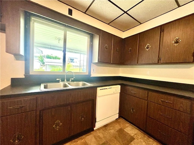 301 4th St, Luzerne Twp, PA 15413 - kitchen featuring white dishwasher, a sink, dark countertops, and dark brown cabinets