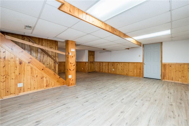 126 Woodhall Dr, Baldwin Boro, PA 15236 - finished below grade area featuring a paneled ceiling, stairs, wood finished floors, wood walls, and a wainscoted wall