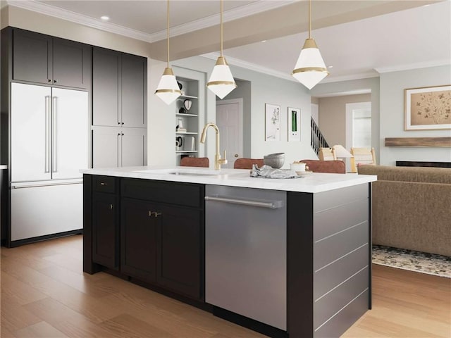 4049 Windsfield Way S, Fayette, PA 15017 - kitchen featuring stainless steel dishwasher, built in fridge, light wood-style floors, open floor plan, and crown molding
