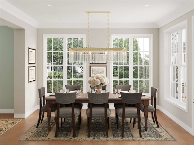 4049 Windsfield Way S, Fayette, PA 15017 - dining space with baseboards, crown molding, a chandelier, wood finished floors, and recessed lighting