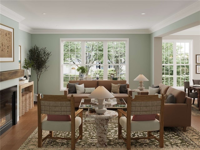 4049 Windsfield Way S, Fayette, PA 15017 - living area with wood finished floors, healthy amount of natural light, a glass covered fireplace, and ornamental molding