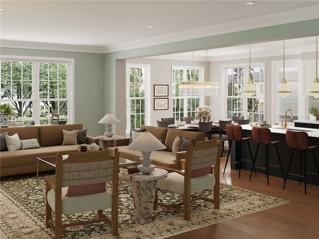 4049 Windsfield Way S, Fayette, PA 15017 - living area featuring healthy amount of natural light, wood finished floors, ornamental molding, a chandelier, and recessed lighting