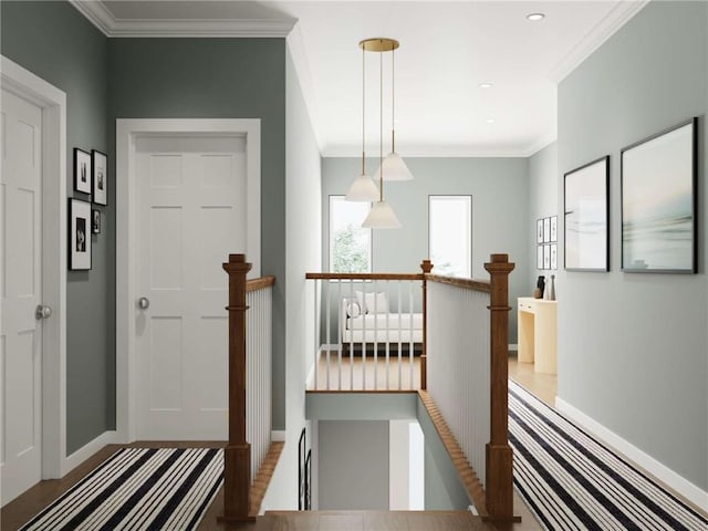 4049 Windsfield Way S, Fayette, PA 15017 - hallway featuring an upstairs landing, baseboards, crown molding, recessed lighting, and carpet floors