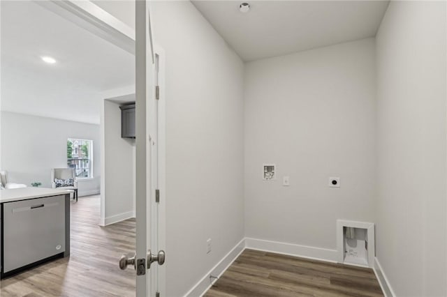 1213 Newbury Highland, South Fayette, PA 15017 - laundry area featuring electric dryer hookup, wood finished floors, washer hookup, baseboards, and recessed lighting
