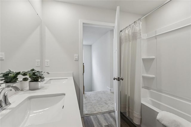 1213 Newbury Highland, South Fayette, PA 15017 - bathroom with wood finished floors, shower / bathtub combination with curtain, and double vanity