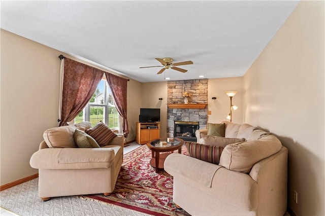 115 Lawrence Dr, Brighton Twp, PA 15009 - living room featuring ceiling fan, a stone fireplace, baseboards, light carpet, and recessed lighting
