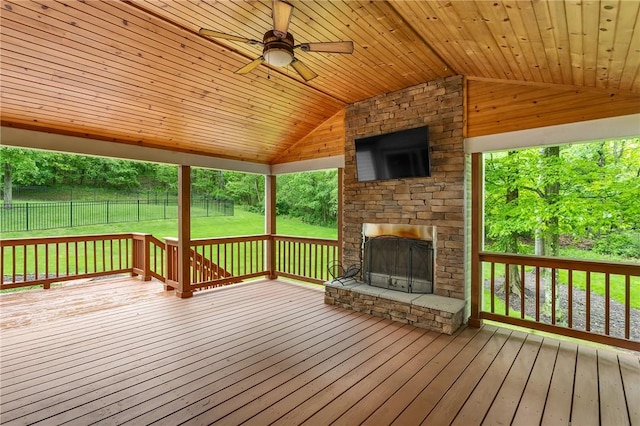929 White Water, Adams Twp, PA 16046 - wooden terrace with an outdoor stone fireplace and ceiling fan