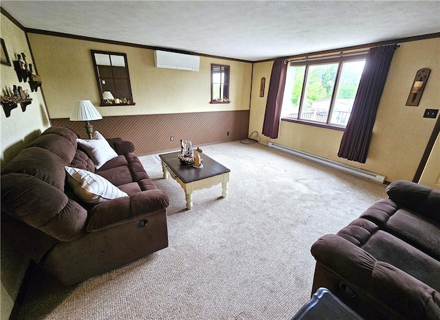 261 Lacock St, Canton Twp, PA 15301 - carpeted living room featuring a wall mounted air conditioner, a baseboard heating unit, crown molding, a textured ceiling, and a textured wall