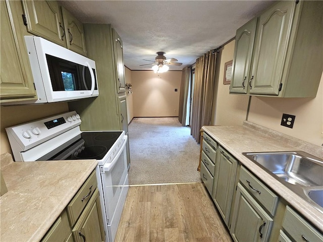 261 Lacock St, Canton Twp, PA 15301 - kitchen with white appliances, light countertops, ceiling fan, light wood-style floors, and a textured ceiling