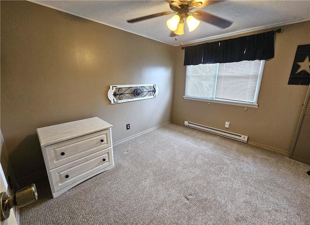 261 Lacock St, Canton Twp, PA 15301 - unfurnished bedroom featuring a baseboard heating unit, carpet flooring, ornamental molding, baseboards, and ceiling fan