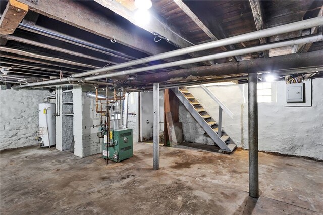901 Punta Gorda Ave, East Mckeesport, PA 15035 - unfinished below grade area featuring gas water heater, stairs, electric panel, and a heating unit