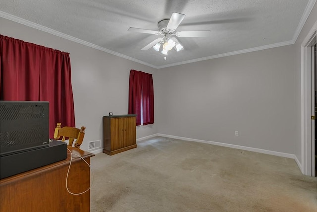 127 Crosswynds Unit 127, Chippewa Twp, PA 15010 - carpeted office space with a ceiling fan, crown molding, baseboards, and a textured ceiling