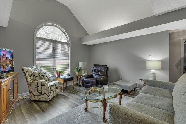 127 Crosswynds Unit 127, Chippewa Twp, PA 15010 - living area featuring wood finished floors, high vaulted ceiling, and baseboards