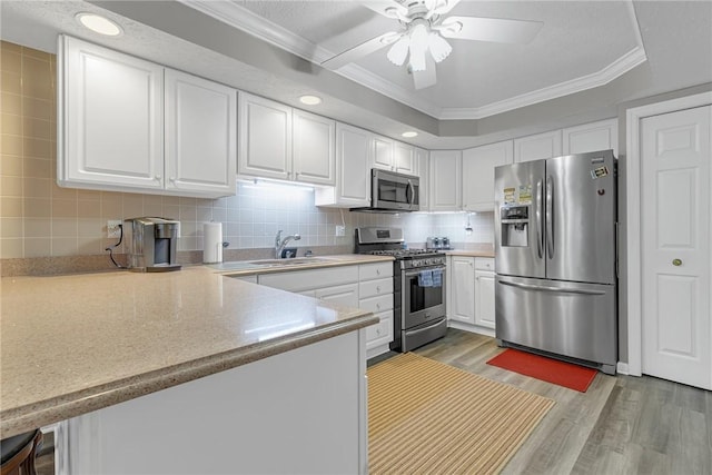 127 Crosswynds Unit 127, Chippewa Twp, PA 15010 - kitchen featuring stainless steel appliances, a sink, a peninsula, crown molding, and light wood finished floors