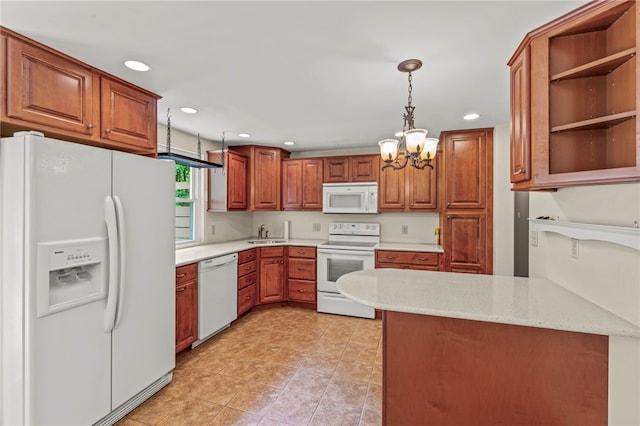 344 Fruitwood Dr, Bethel Park, PA 15102 - kitchen with white appliances, a chandelier, a sink, recessed lighting, and brown cabinetry