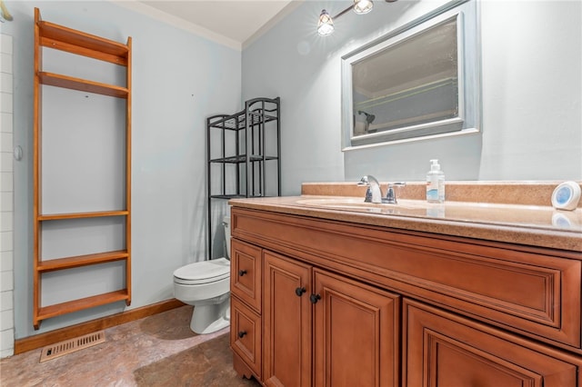 344 Fruitwood Dr, Bethel Park, PA 15102 - bathroom featuring toilet, vanity, stone finish floors, and ornamental molding