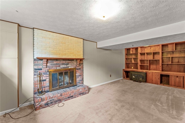 344 Fruitwood Dr, Bethel Park, PA 15102 - unfurnished living room with baseboards, carpet floors, a brick fireplace, and a textured ceiling