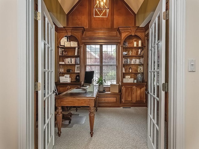 906 Big Bear Ct, Adams Twp, PA 15044 - office with vaulted ceiling, french doors, carpet floors, and built in features