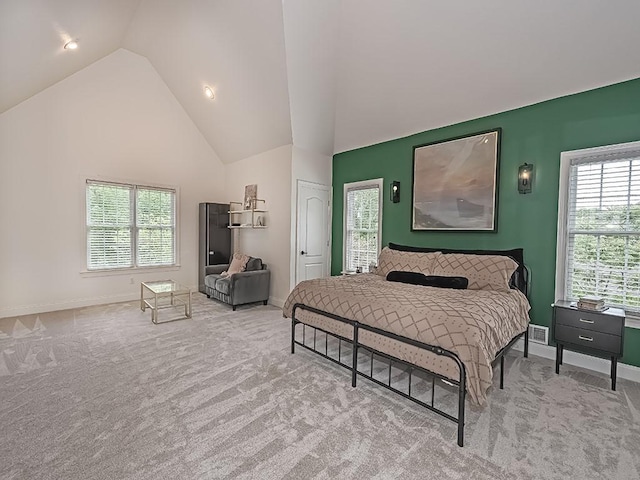906 Big Bear Ct, Adams Twp, PA 15044 - bedroom featuring baseboards, carpet flooring, multiple windows, and high vaulted ceiling