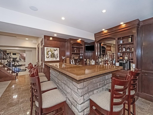 906 Big Bear Ct, Adams Twp, PA 15044 - indoor wet bar with recessed lighting, stairs, and marble tiled floors