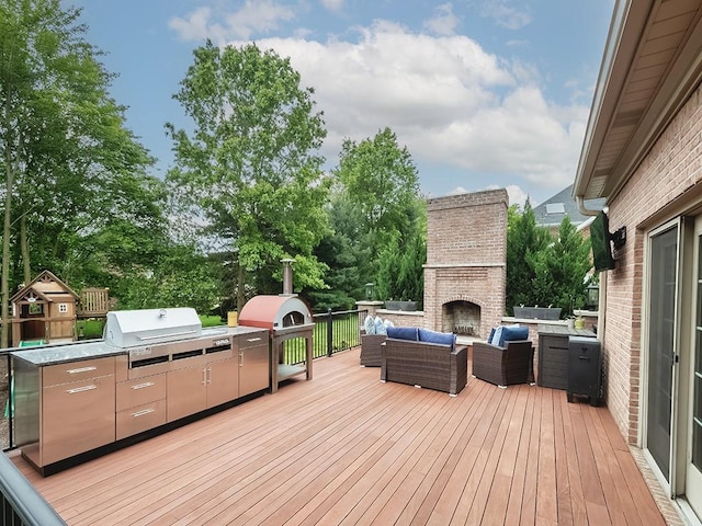 906 Big Bear Ct, Adams Twp, PA 15044 - wooden terrace with an outdoor living space with a fireplace and view of scattered trees