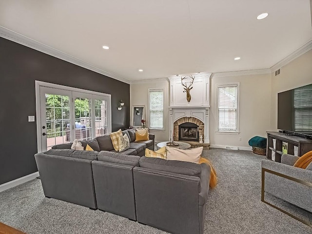 906 Big Bear Ct, Adams Twp, PA 15044 - living room with carpet, baseboards, ornamental molding, recessed lighting, and a fireplace with raised hearth