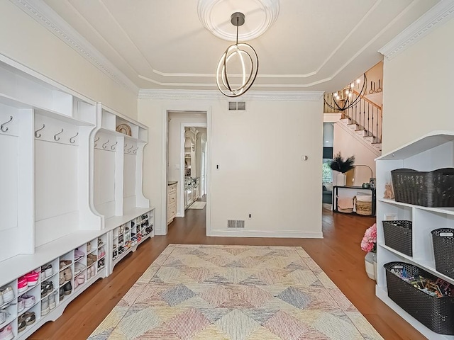 906 Big Bear Ct, Adams Twp, PA 15044 - mudroom featuring a chandelier, a raised ceiling, wood finished floors, and ornamental molding