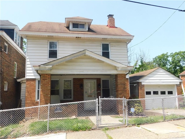 2300 Fairland St, Overbrook, PA 15210 - american foursquare style home with covered porch, a fenced front yard, brick siding, a garage, and a gate