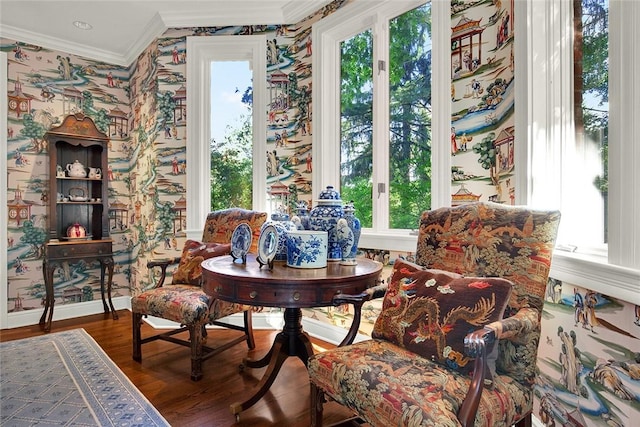 222 Schenley Rd, Squirrel Hill, PA 15217 - living area with wallpapered walls, crown molding, plenty of natural light, wood finished floors, and baseboards