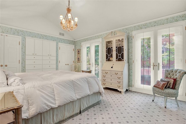 222 Schenley Rd, Squirrel Hill, PA 15217 - bedroom featuring wallpapered walls, a chandelier, multiple windows, vaulted ceiling, and multiple closets