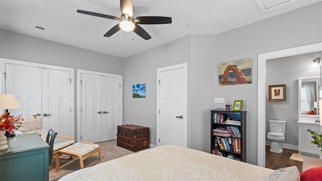 155 Bucktail Dr, Cranberry Twp, PA 16066 - bedroom with multiple closets, connected bathroom, baseboards, and a ceiling fan