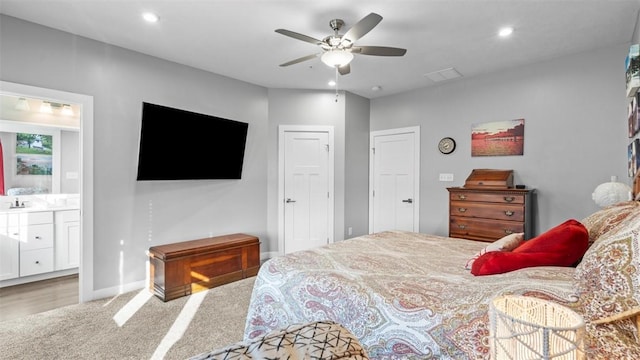 155 Bucktail Dr, Cranberry Twp, PA 16066 - bedroom with recessed lighting, a sink, ensuite bath, a ceiling fan, and baseboards